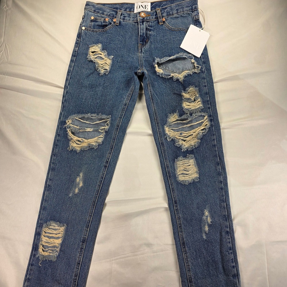 One by One Teaspoon Awesome Baggies Distressed Relaxed Tapered Jeans Blue 26 NEW